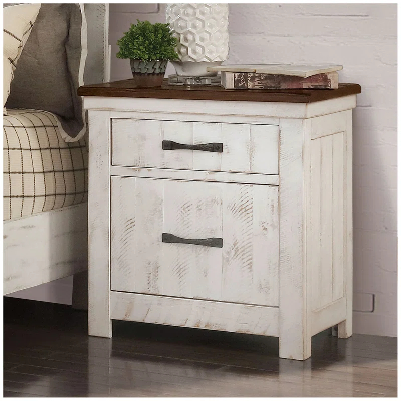 Bloomsbury Market 3 Drawers Nightstand with USB Chargers, Distressed White and Walnut