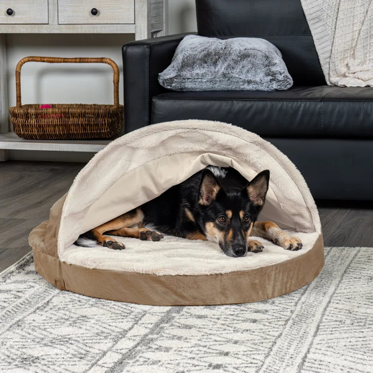 FurHaven Wave Fur & Velvet Snuggle Cave Orthopedic Hooded Dog Bed