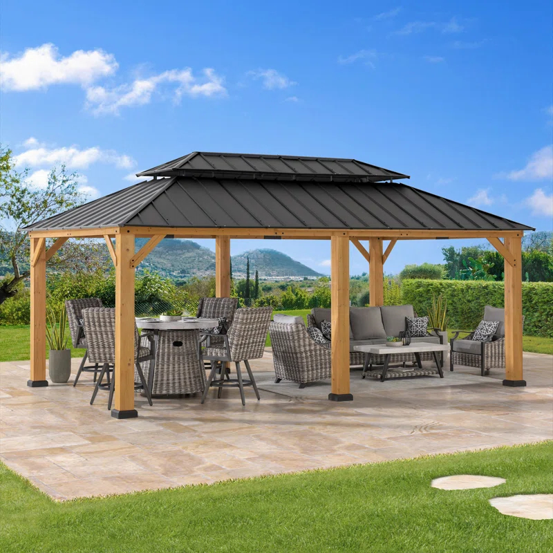 Sunjoy Sunjoy 12x20 ft. Wood Gazebo, Outdoor Patio Steel Hardtop Gazebo with 2-tier Metal Roof, Suitable for Patios, Lawn and Backyard, Matte Black Roof