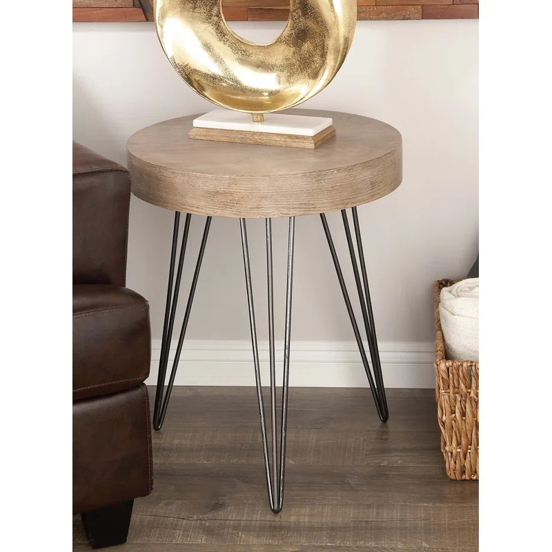 Union Rustic Villalpando Wooden Side End Brown Accent Table with Black Metal Hairpin Legs