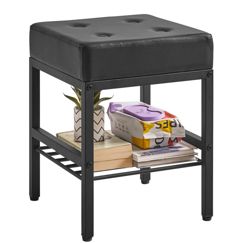 Everly Quinn Square Makeup Stool With Adjustable Feet And Storage Space, Footrest Stool, PU Seat Vanity Stool, Multi-Use As Small Side Table Or Ottoman, Black