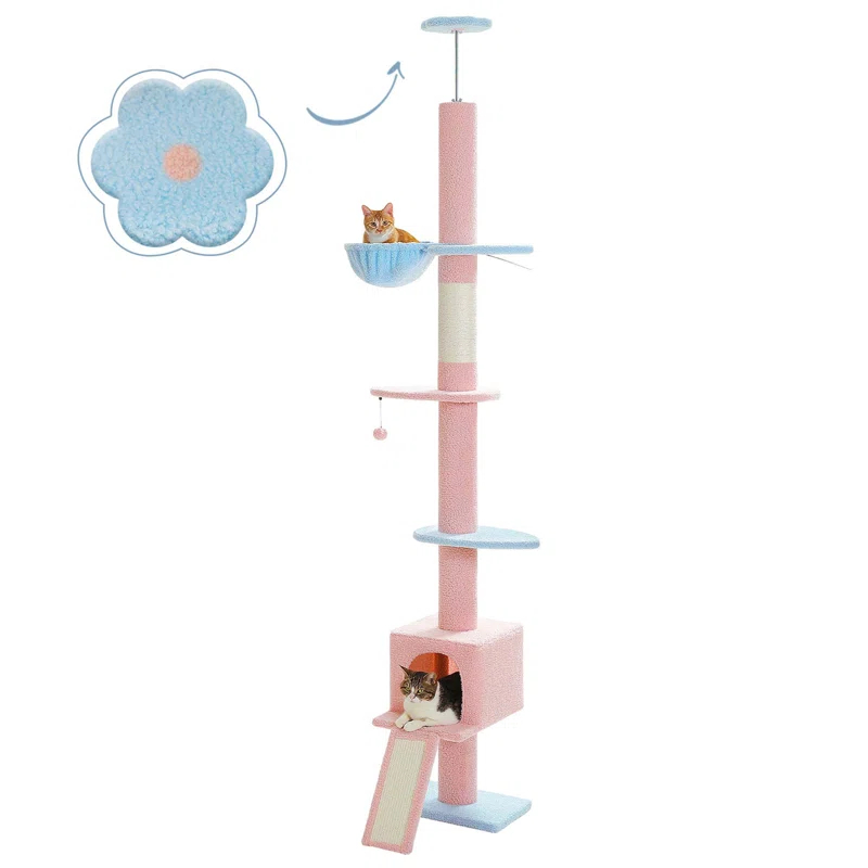 Adjustable Height Floor To Ceiling 5-Tier Tall Cat Tree Tower For Indoor Cats With Cat Condo, Cat Scratching Post And Cat Ladder