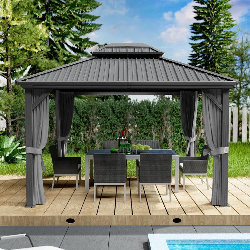 Kozyard Kozyard Caesar Gray Double Roof Hardtop Gazebo with Privacy Curtain and Mosquito Netting