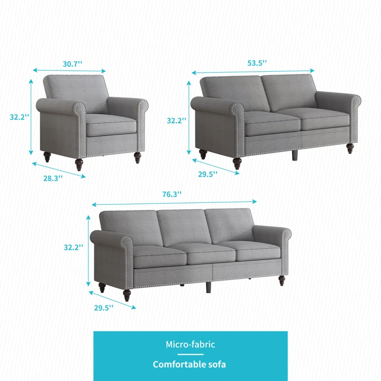 Alcott Hill® Devondrick 3-Piece Sofa Set | 3-Seater Sofa Couch, Loveseat and Single Sofa Chair for Small Spaces | Easy Assembly & Stain Resistant Fabric (Apartment/Dorm Ready)