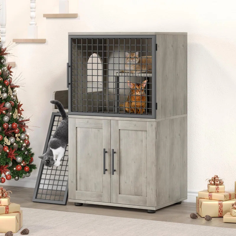 Modern Villa Cat Litter Box Enclosure With Platform