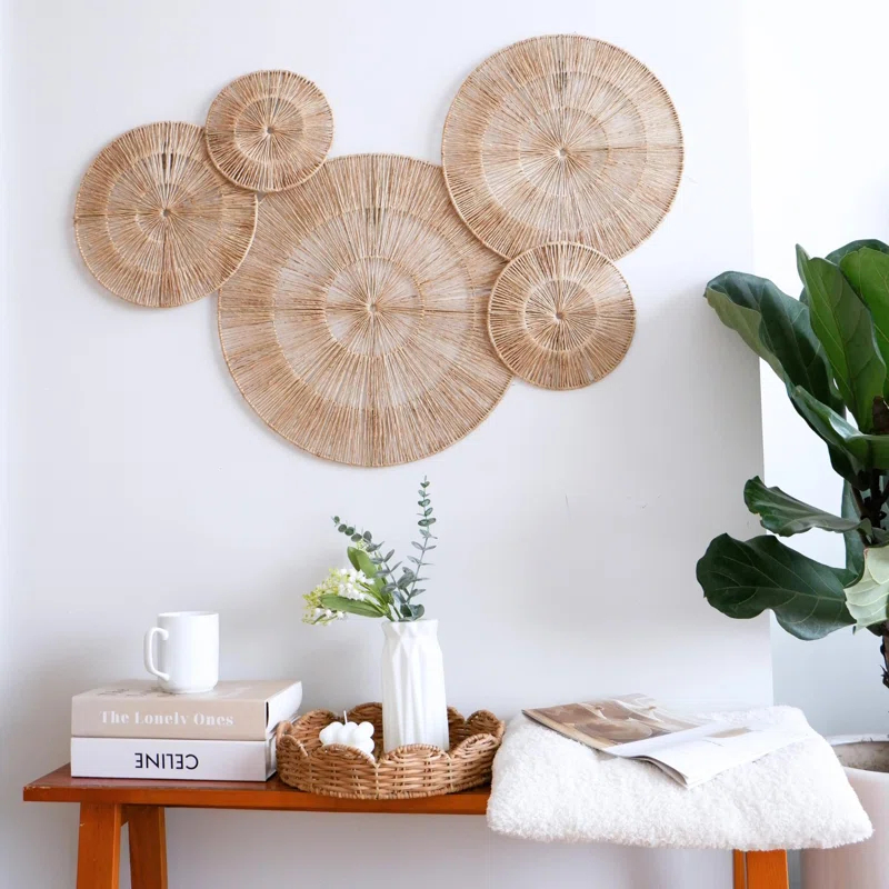 18 Inch Wicker Jute Wall Decor, Set Of 5 Large Woven Jute Wall Plates, Large Decorative Baskets For Wall Arts, 18", 14", 11", 8", 7", Farmhouse Wall Hanging For Bedroom, Living Room