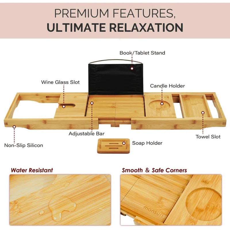 THE GLAMOUR BOUTIQUES Foldable Bamboo Bathtub Tray Caddy - Expandable Bath Tray For Tub | Secure, Non-Slip Bathtub Caddy Tray For Tub For Bath Accessories, Bath Stuff â€“ Perfect Relaxing Gifts And Spa Gift Set