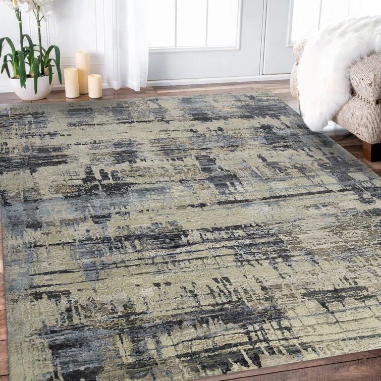 AMER Rugs Serena Abstract Hand-Knotted Wool/Viscose Area Rug in Gray/Ivory