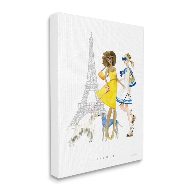 Stupell Industries " Bisous Kisses Phrase Parisian Fashion Females And Dogs " by Mercedes Lopez Charro