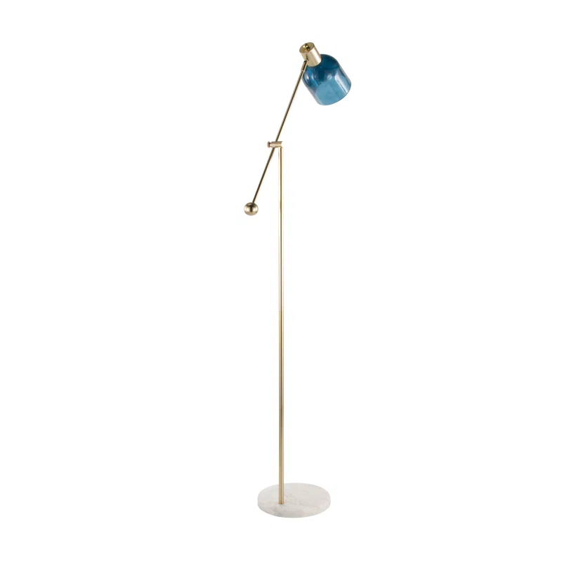 Everly Quinn Marcel Contemporary Floor Lamp In White Marble, Gold Metal And Blue Glass