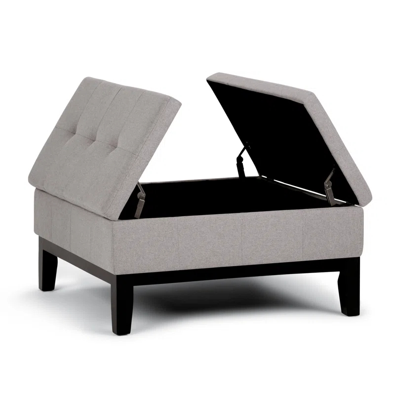 Simpli Home Dover 36"W Upholstered Square Coffee Table Storage Ottoman with Split Tufted Lift Top