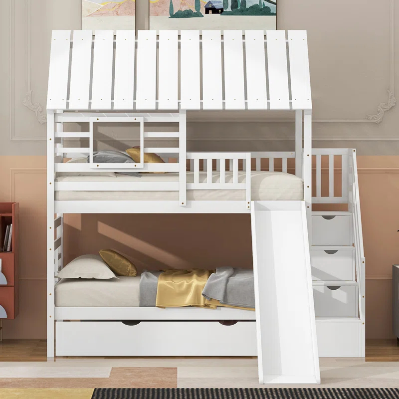 Harper Orchard Twin Over Twin House Bunk Bed With Trundle And Slide