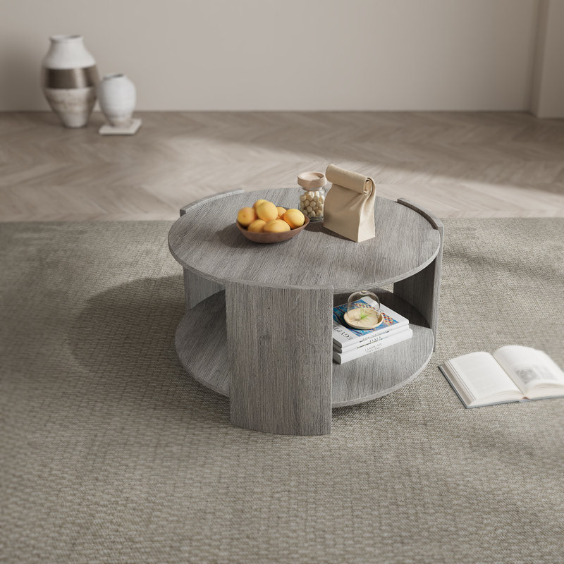 Michaelee Round Coffee Table, 36" Rustic Modern Circle Coffee Tables with 2 Tier Storage Shelf, Cocktail Table for Living Room Apartment