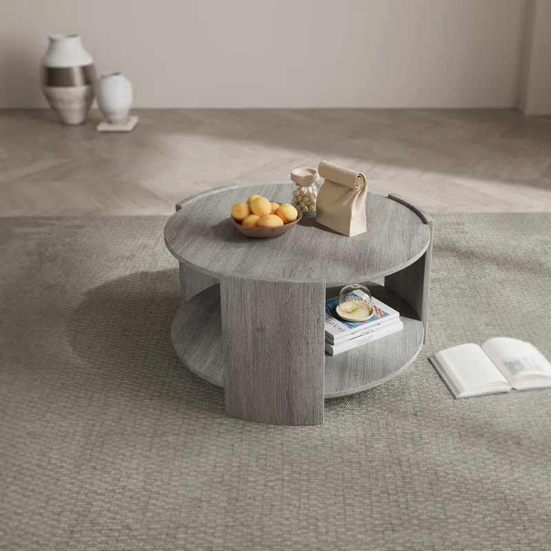Michaelee Round Coffee Table, 36" Rustic Modern Circle Coffee Tables with 2 Tier Storage Shelf, Cocktail Table for Living Room Apartment