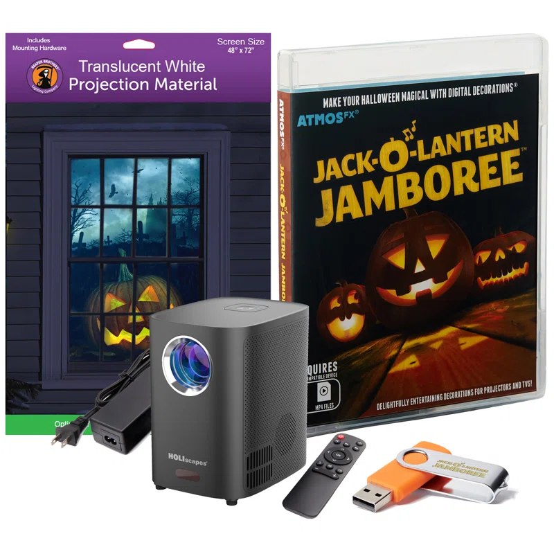 HoliScapes® USB Projector Kit - AtmosFX Jack-O-Lantern Jamboree USB + Projector + 48" x 72" Large White Holographic Screen