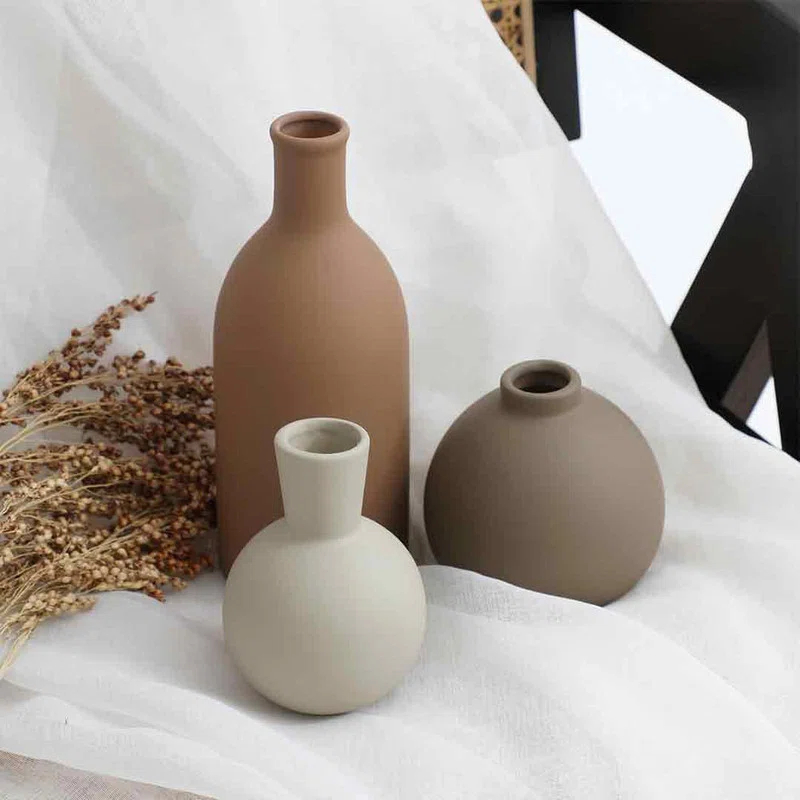 Bungalow Rose Ceramic Vase Set of 3, Vases Home Decor Rustic Vase Decor Vase Terra Cotta Pottery Vases