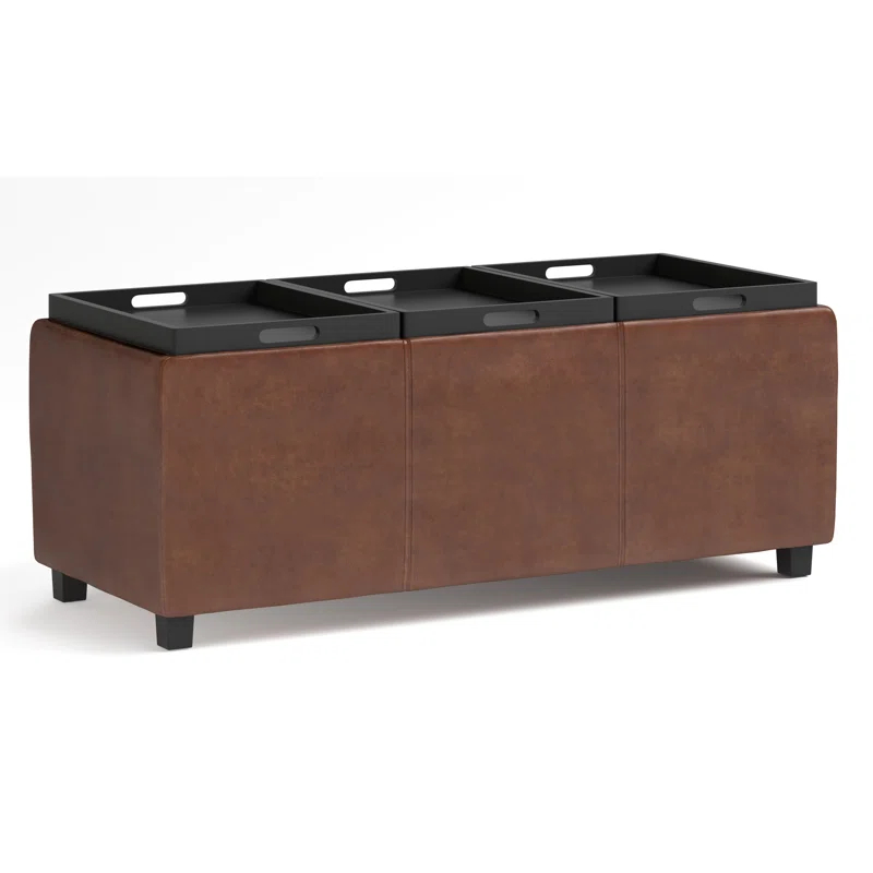 Simpli Home Avalon 42"W Upholstered Storage Ottoman with 3 Flip-Over Serving Trays