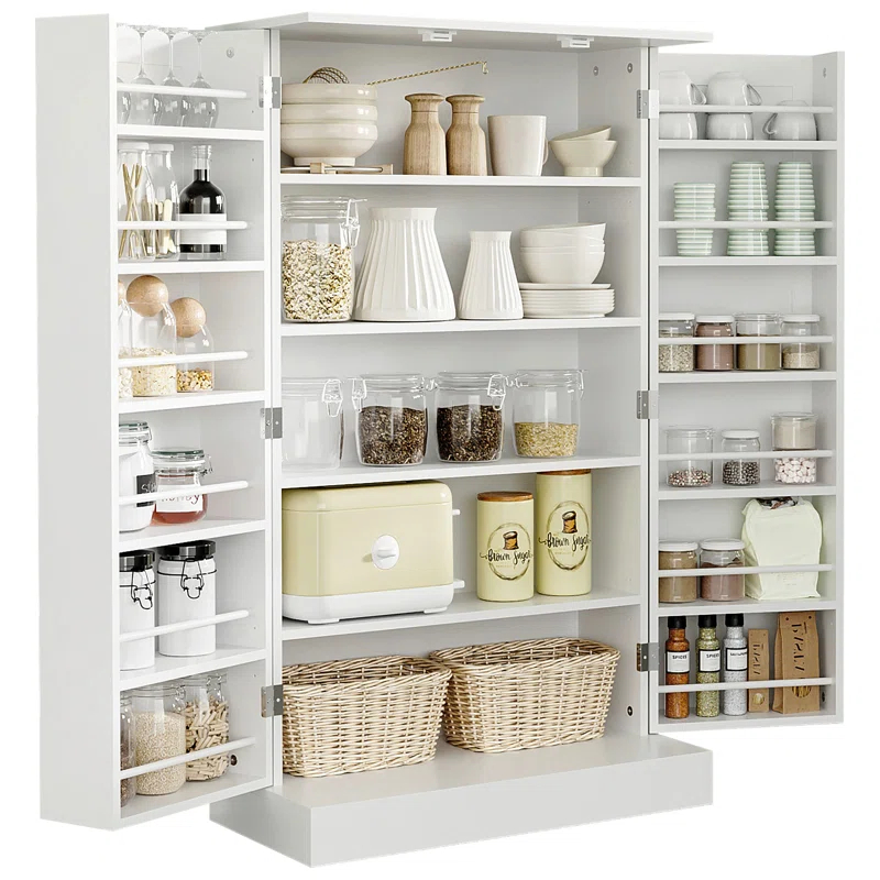 Latitude Run® HOMCOM 41" Modern Kitchen Pantry Freestanding Storage Cabinet With Double Doors Adjustable Shelves For Living Room - White