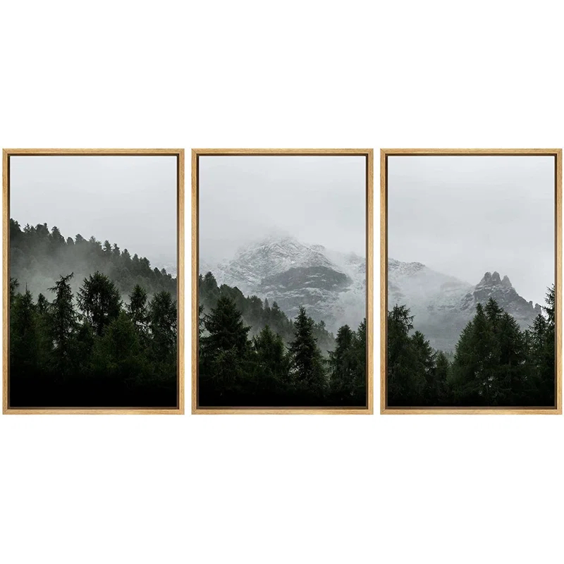 IDEA4WALL Misty Forest Landscape Mountain With Fog Natural Framed Canvas 3 Pieces Photograph Print Wall Art