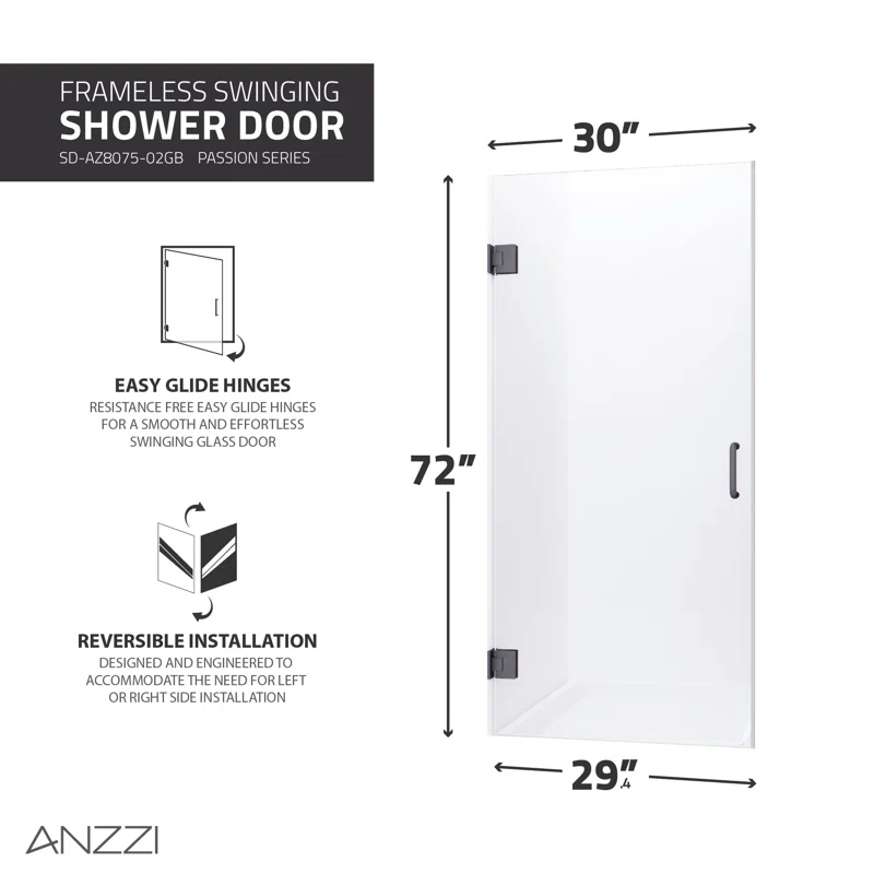 ANZZI SD-AZ09-02GB ANZZI Passion Series 30 In. X 72 In. Frameless Hinged Shower Door With Stainless Steel Handle In Gunmetal