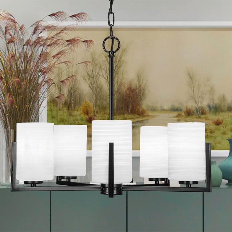 Latitude Run® Atlas 5 Light Uplight Chandelier Shown In Graphite Finish With 4” Clear Bubble Glass