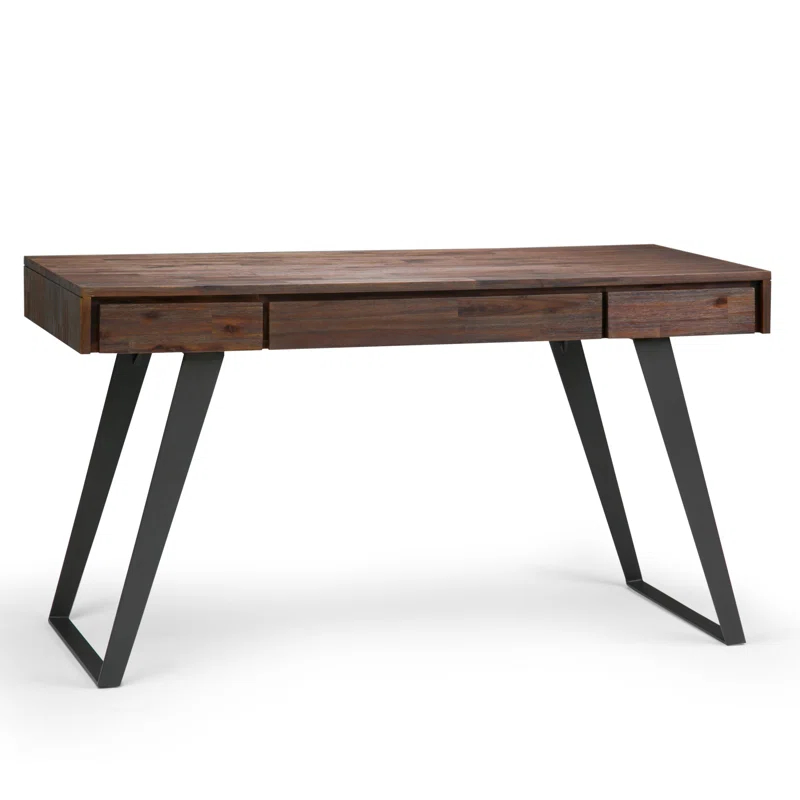Simpli Home Lowry Solid Acacia Wood Desk, Industrial Style with Keyboard Tray and 2 Drawers
