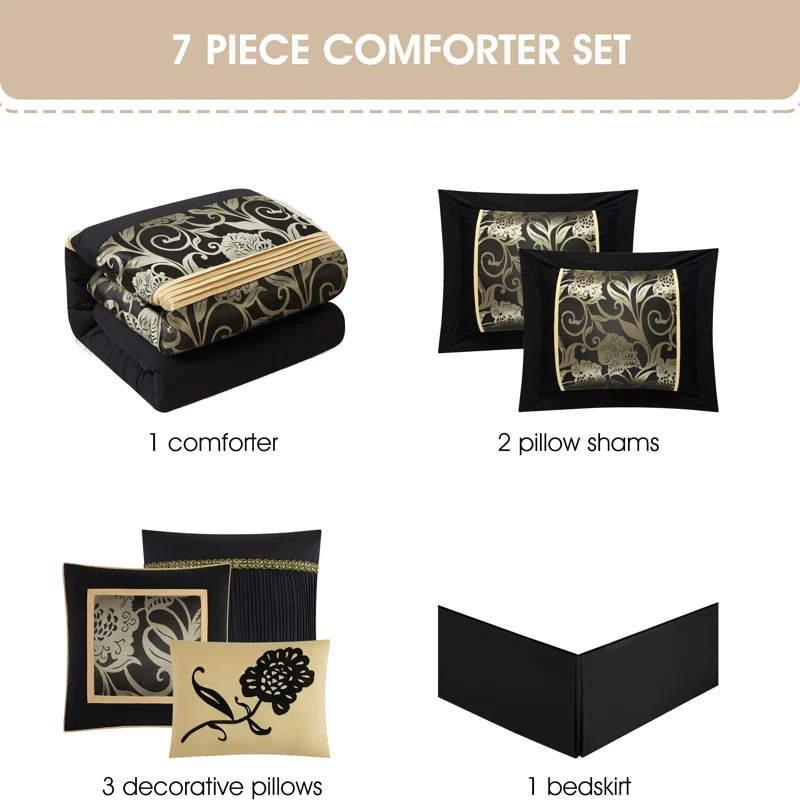 Nanshing America, Inc Fennville Black/Gold/Beige Microfiber 7 Piece Comforter Set