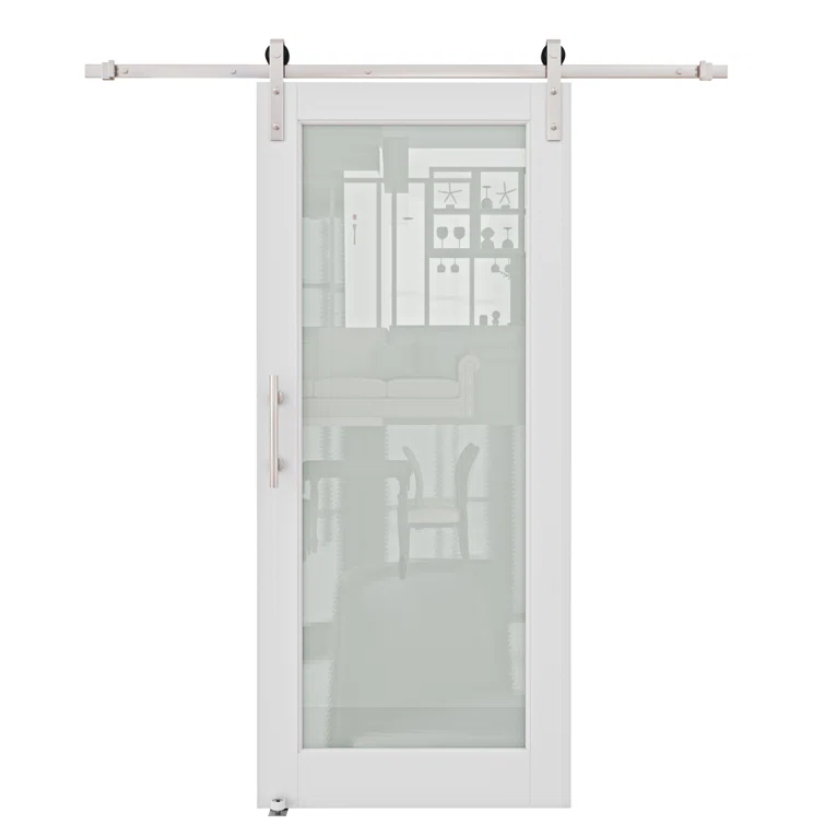 Home Worthy Frosted Glass Solid Manufactured Wood Painted Sliding Barn Door with Nickel-Hardware Kit(No Assembly Required)