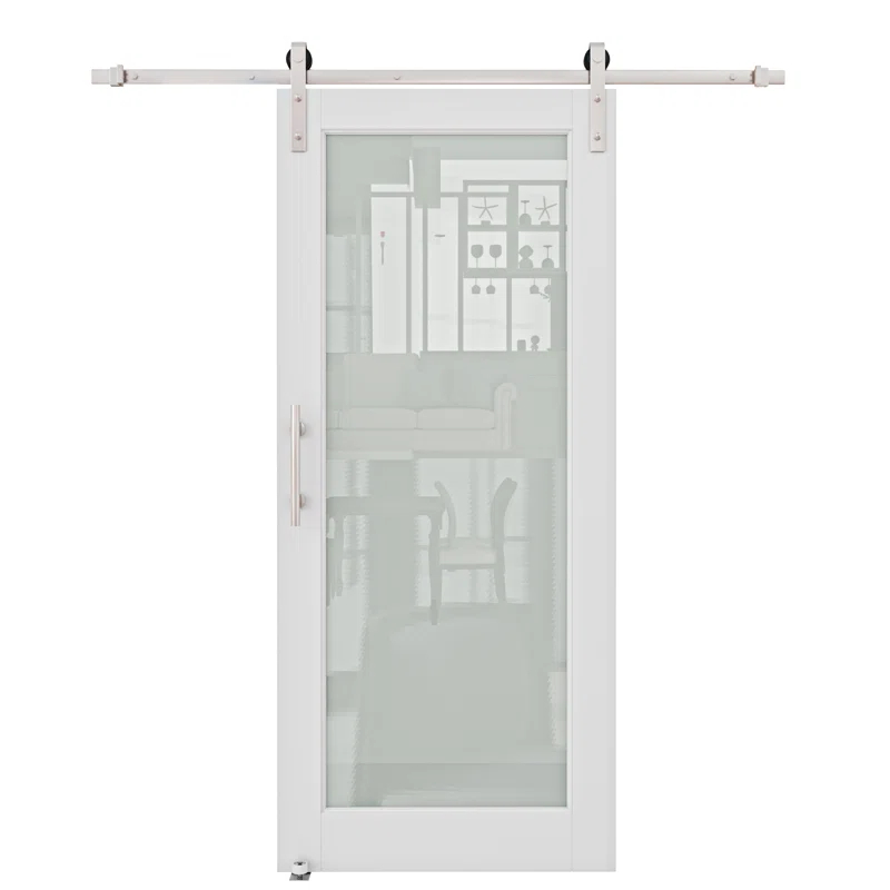 Home Worthy Frosted Glass Solid Manufactured Wood Painted Sliding Barn Door with Nickel-Hardware Kit(No Assembly Required)