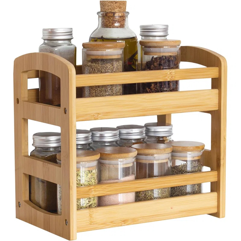 Gracie Oaks Bamboo 2 Shelf Spice Caddy, Organizer Rack For Kitchen Countertop Or Cupboard