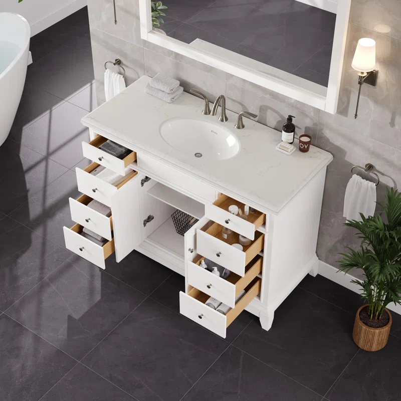 Eviva Elite Stamford . White Single Sink Bath Vanity With Carrara Quartz Top And Undermount Porcelain Sink