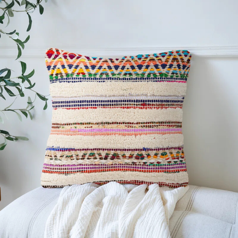 Evette Rios Dahlia Bohemian Multicolor Chevron Striped Chindi Handmade Pillow