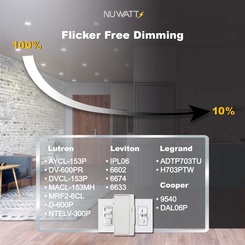 NUWATT NW-P-DL-6-15W-5CT-BN-12P Panel Downlight 6.88'' Selectable Color Temperature Dimmable Air-Tight IC Rated LED Canless Recessed Lighting Kit (Set of 12)