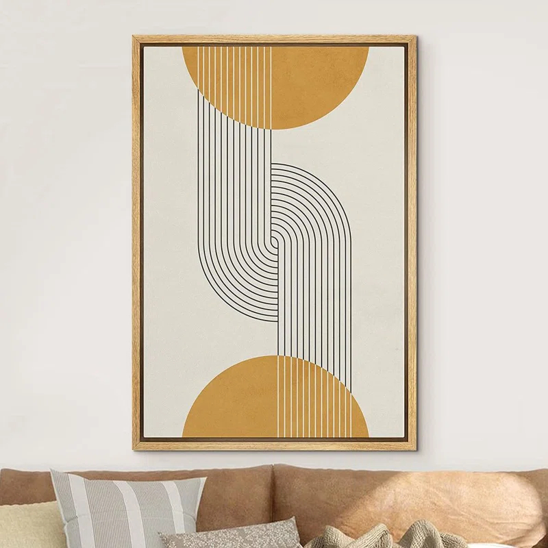 IDEA4WALL Mid Century Modern Boho Dark Line Art Illusions With Yellow Spheres - Graphic Art on Canvas