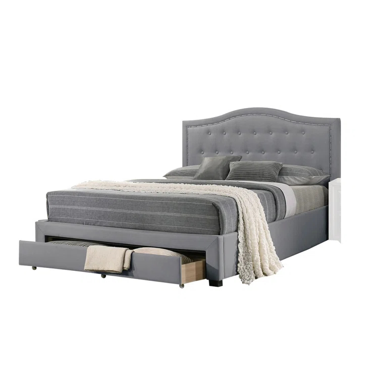 Benjara Sey  Bed W Storage Footboard, Light Gray Burlap Upholstery