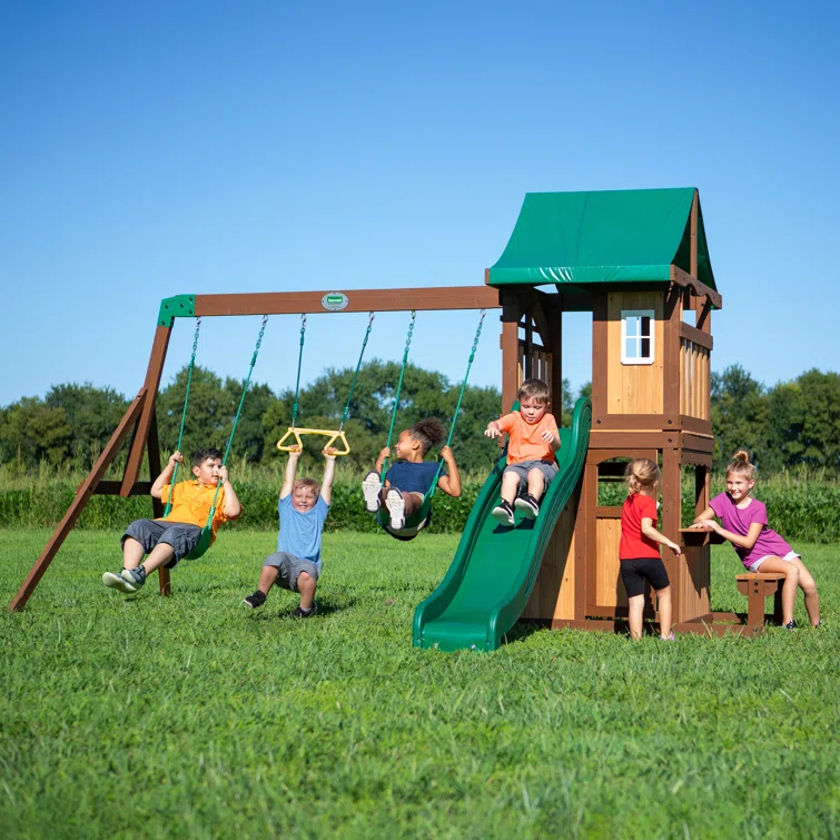 Backyard Discovery Backyard Discovery Lakewood Cedar Wood Swing Set with Wave Slide, Clubhouse, Playhouse, and Snack Bar Window
