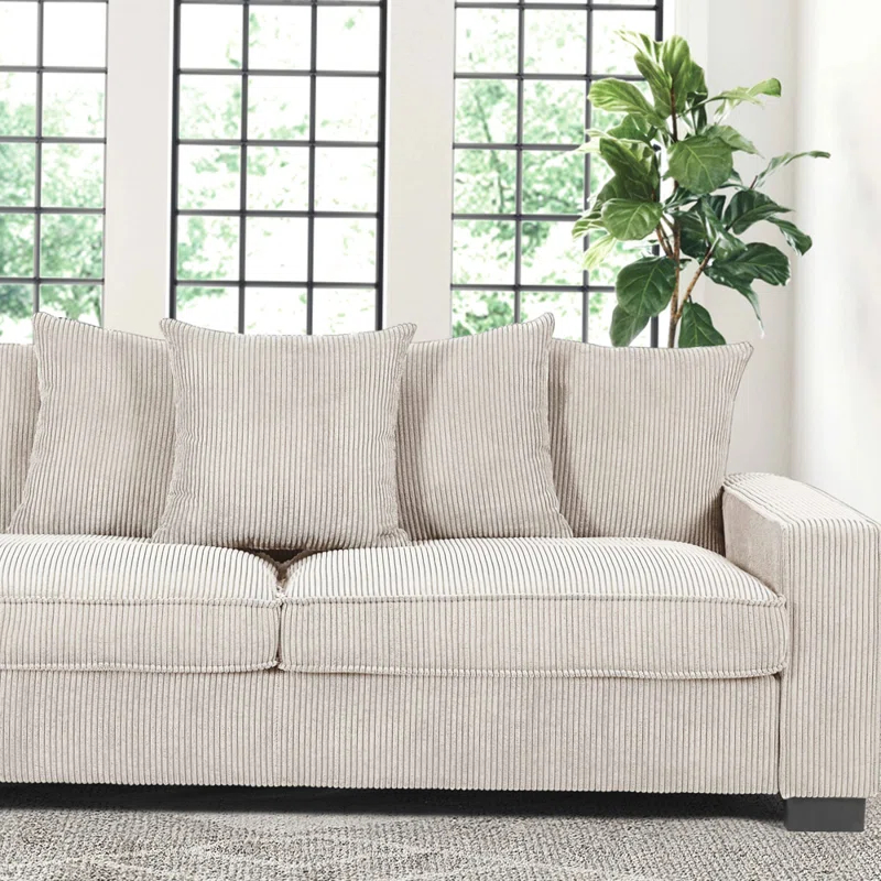 Latitude Run® 3 Seater Corduroy Sofa with 5 Matching Toss Pillows for Modern Living Room