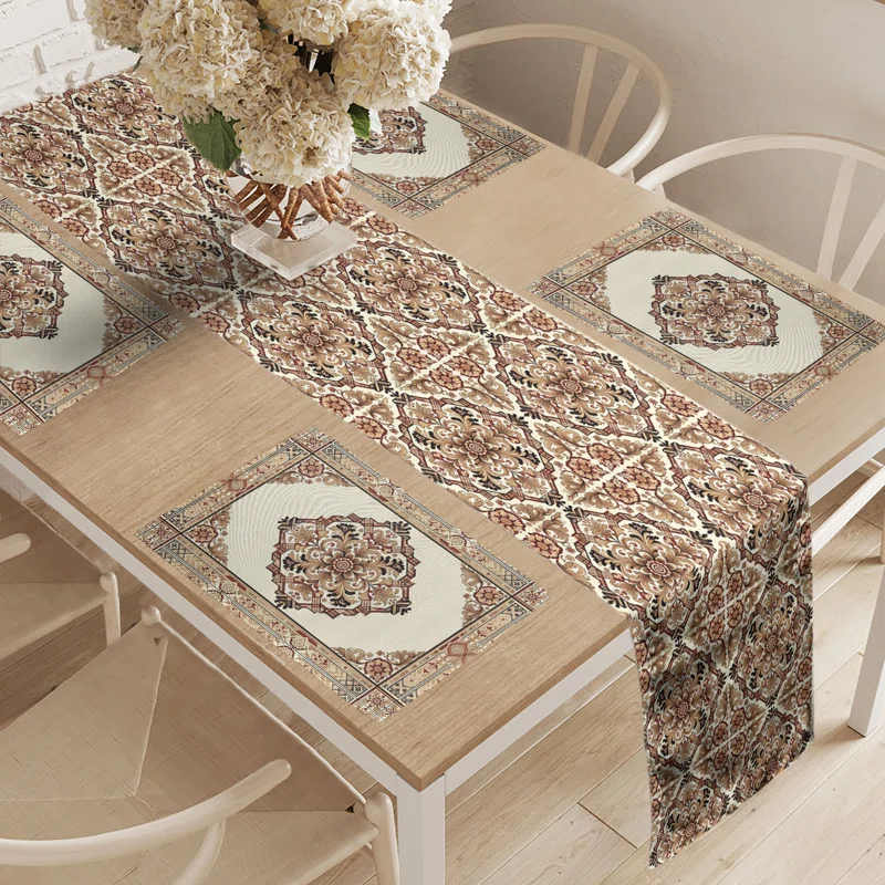 Ambesonne Ambesonne Oriental Floral Table Runner & Placemats Placemat 4 pcs + Runner 16"x72" Brown Caramel