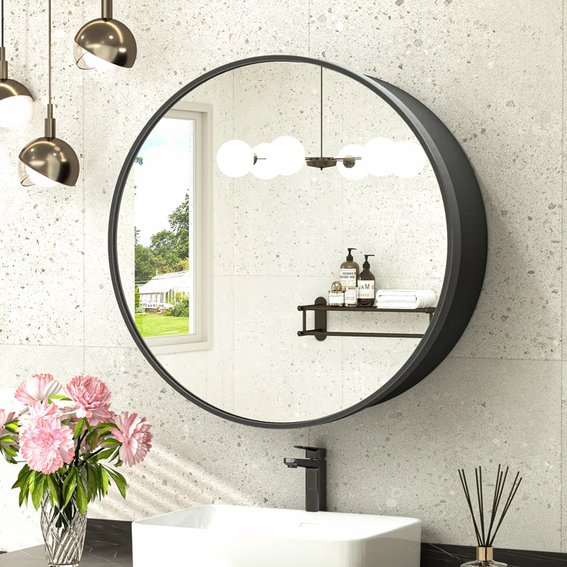 keonjinn WF-JSKJG-YX-R50-bk Gervon Round Wall Mounted Medicine Cabinet with Shelves