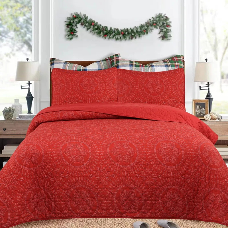 3 Pcs Festive Christmas Quilt Bedspread Set Holiday Bedding Medallion Red