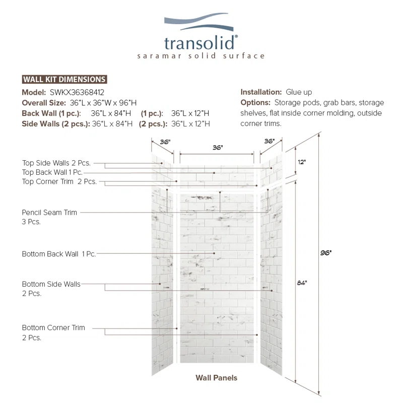 Transolid SaraMar 36'' W 36'' D 96'' H Glue Up Solid Surface Wall