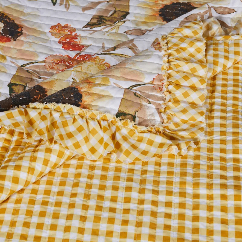 Greenland Home Fashions Somerset Sunflower Reversible Quilted Throw with Gingham Ruffles