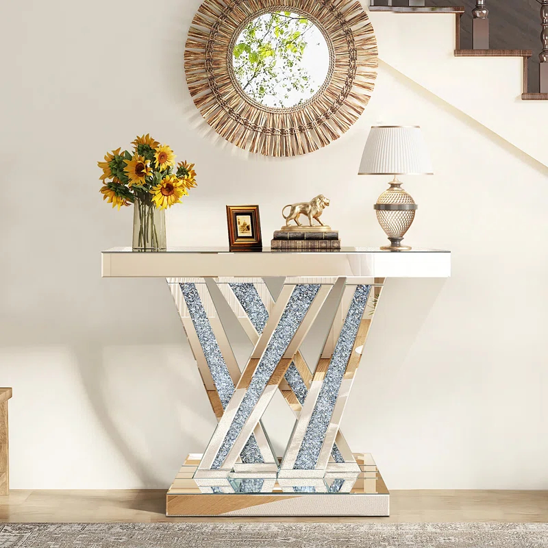 Modern Entryway Console Table With Crushed Diamond Inlay, 35" Silver Mirrored Glass Hallway Table For Entryway, Glam Decorative Sofa Tables For Living Room