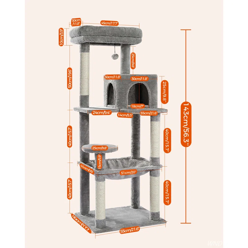 56.3" Indoor Multi-Level Tall Cat Tower With Large Hammock, Scratching Posts, Cozy Condo And Top Perch