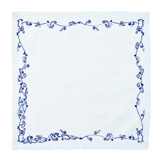 White and Navy Embroidered Linen Napkin Set