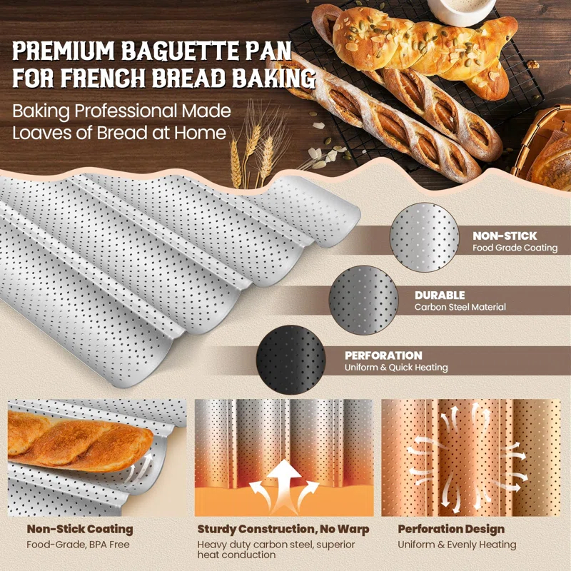 KAISHENGDAA Baguette Bread Pan, Premium Nonstick Perforated Baguette Pan For French Bread Baking, 4 Loaves Baguette Baking Tray For Sourdough, Italian Bread, Perfect For Creating Crisp Golden-Brown Crust
