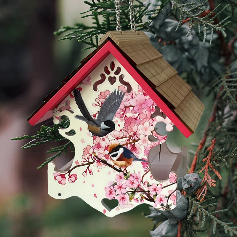 Home Bazaar Love Nest Bird Feeder - Cherry Blossom & Chickadee Print