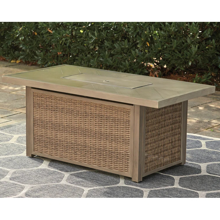 Beachcrest Home™ Danny Rectangle Resin/Wicker Propane Fire Pit Table with Hidden Fuel Tank
