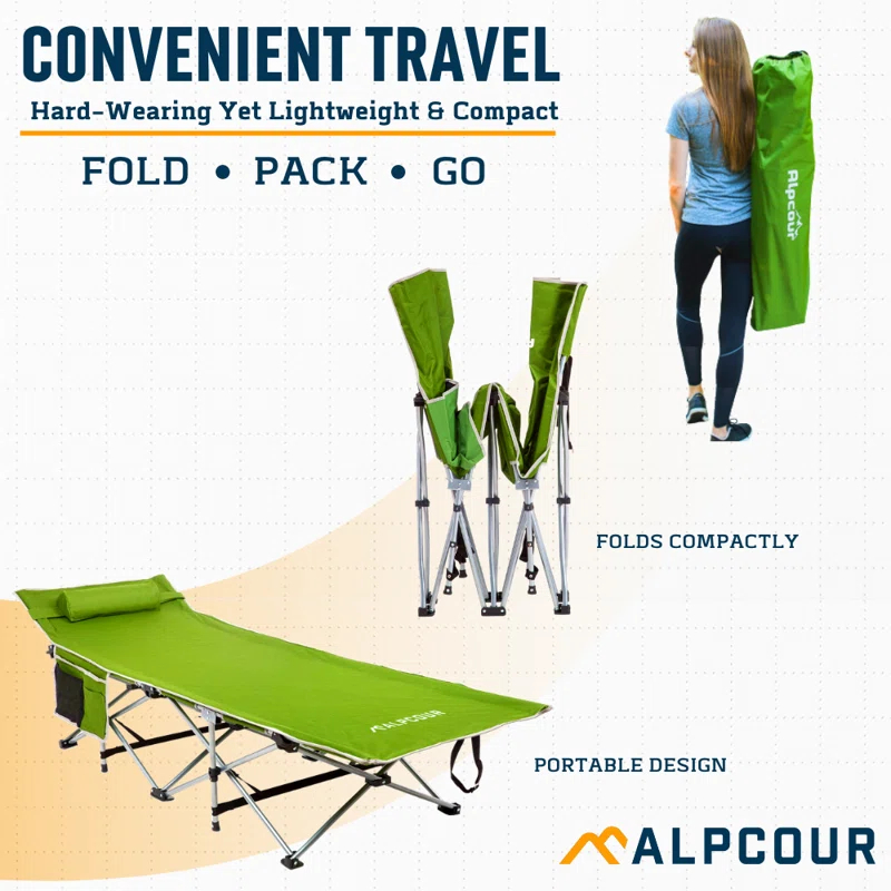 Alpcour Alpcour Folding Camping Cot - Compact Single Person Bed with Pillow for Indoor & Outdoor Use