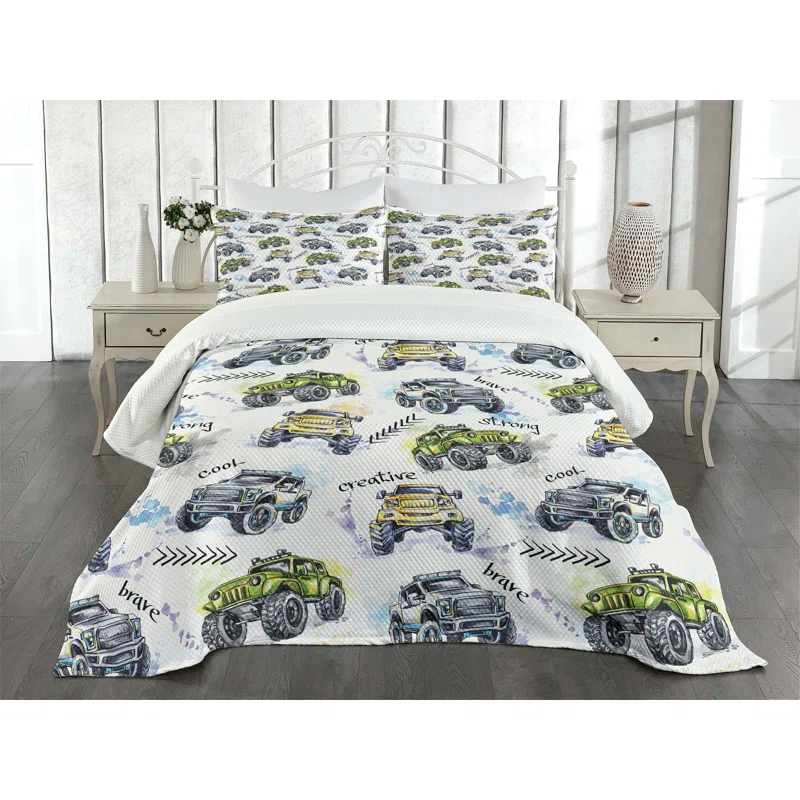 Ambesonne Ambesonne Cars Bedspread Set Hand Drawn Monster Truck Yellow Lavender Blue